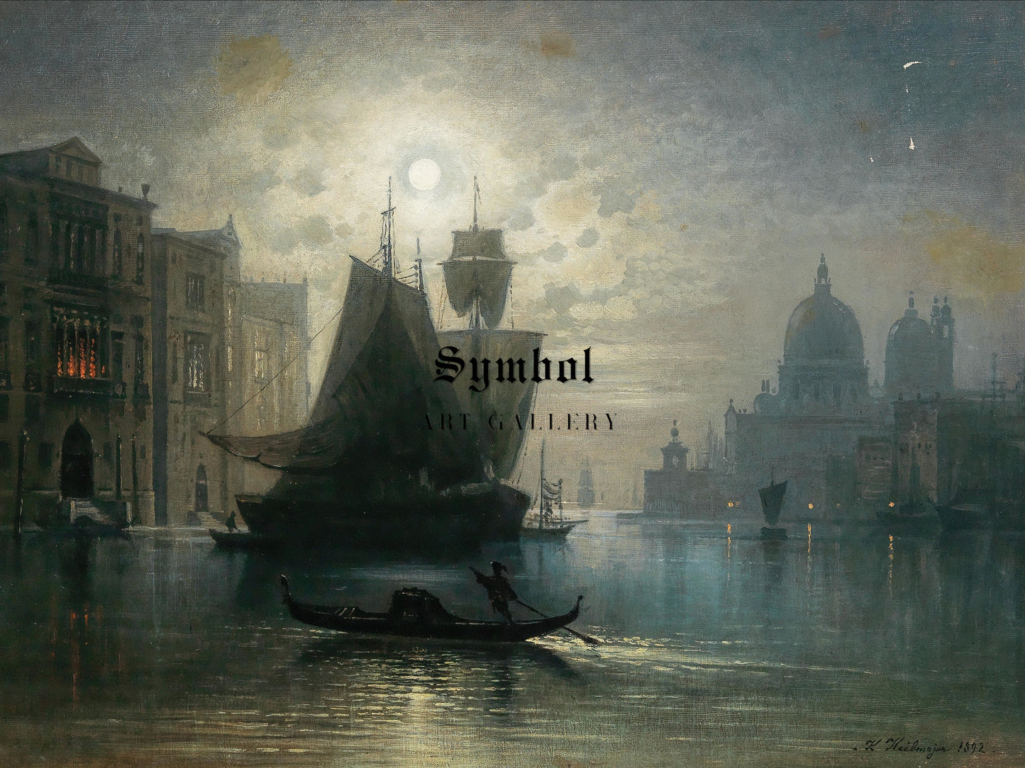 Venice the Grand Canal in the Moonlight by Karl Heilmayer 1892, Wall Art Print, Fine Art Reproduction, Museum Quality Decor, Poster