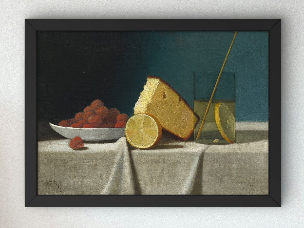 Still Life with Cake, Lemon, Strawberries and Glass by John Frederick Peto 1890, Wall Art Print, Fine Art Reproduction, Museum Quality Decor