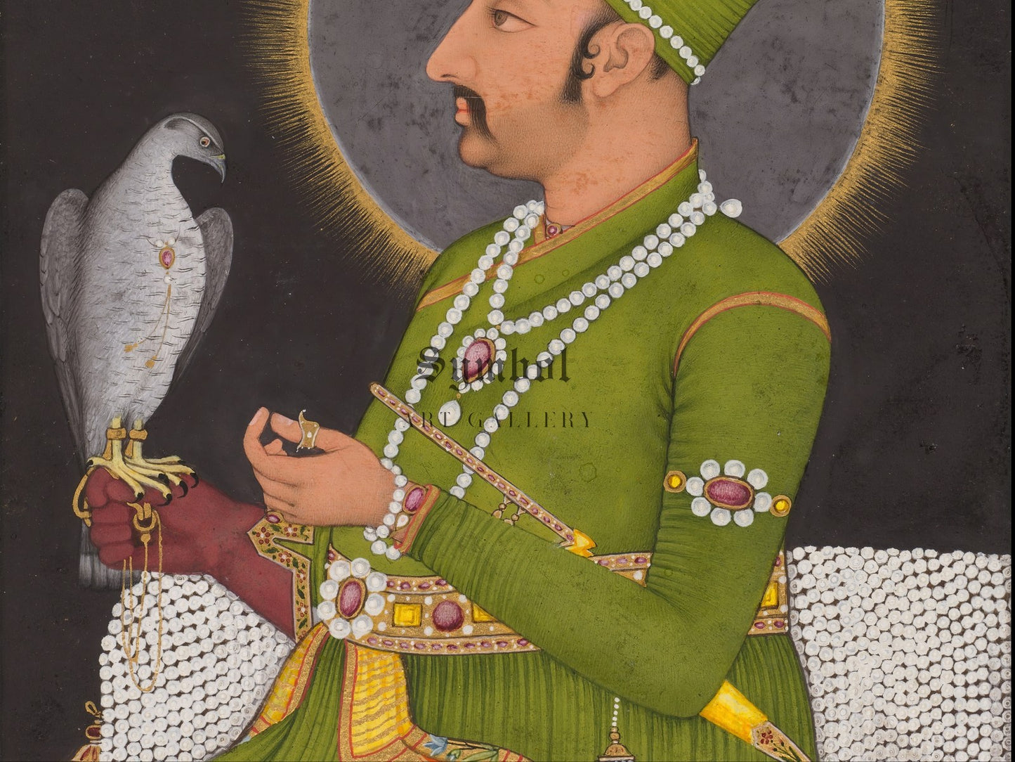 Posthumous portrait of the Mughal emperor Muhammad Shah holding a falcon by Muhammad Rizavi Hindi, Wall Art Print, Fine Art Reproduction