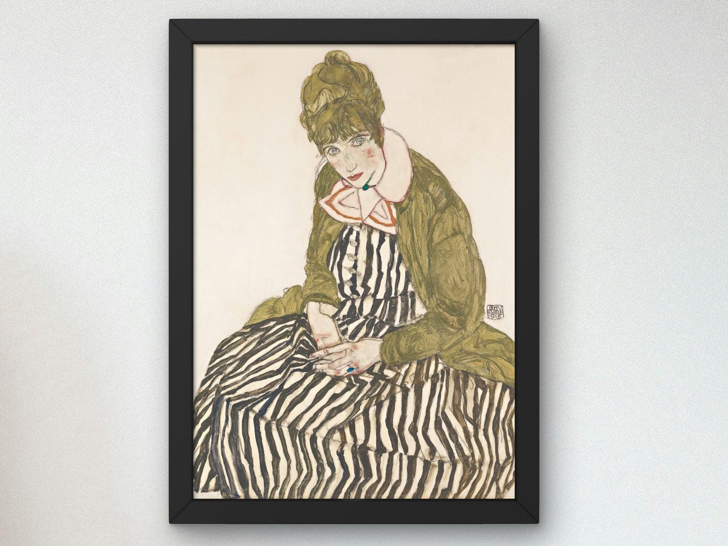 Edith with Striped Dress Sitting by Egon Schiele 1915, Wall Art Print, Fine Art Reproduction, Museum Quality Decor, Poster