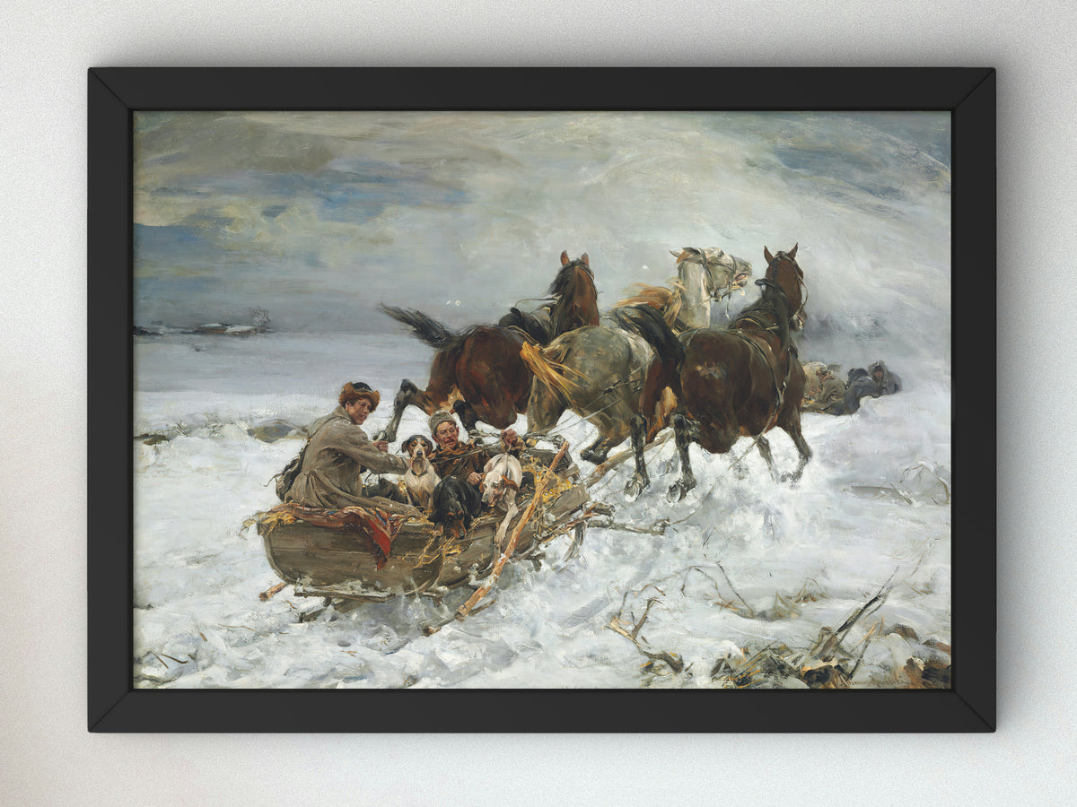Horse Drawn Sleigh by Alfred Wierusz Kowalski, Wall Art Print, Fine Art Reproduction, Museum Quality Decor, Poster