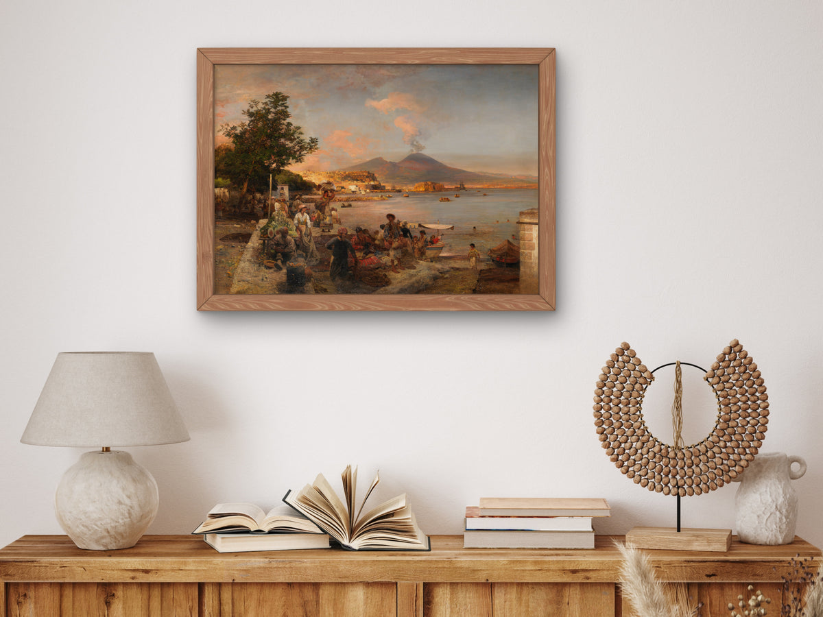 Market Scene near Naples with View of Vesuvius by Oswald Achenbach 1888, Wall Art Print, Fine Art Reproduction, Museum Quality Decor, Poster