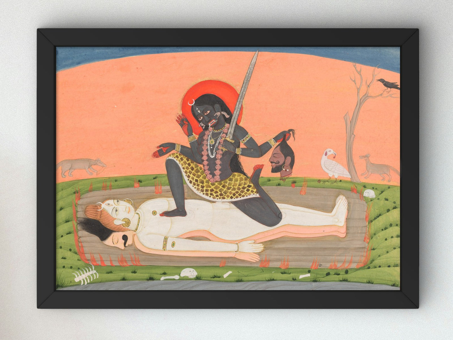 Kali on Shiva from a Tantric Devi Series by Unknown Indian artist 1810, Wall Art Print, Fine Art Reproduction, Museum Quality Decor, Poster