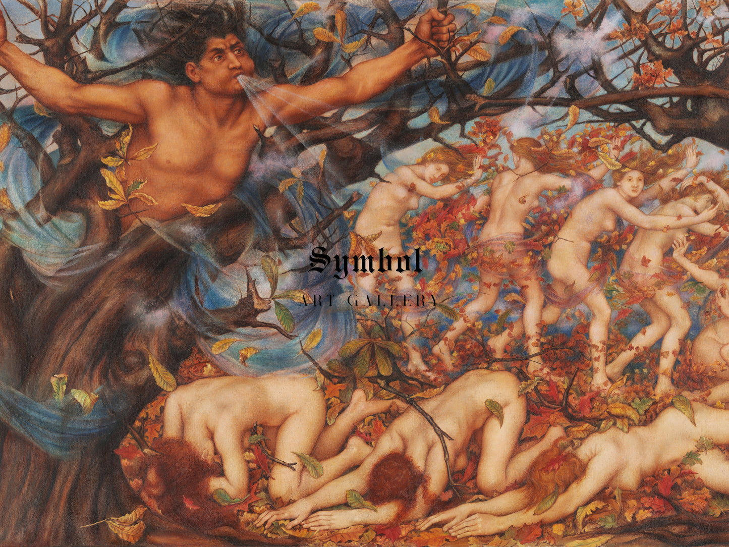 Boreas and the Fallen Leaves by Evelyn De Morgan 1910, Wall Art Print, Fine Art Reproduction, Museum Quality Decor, Poster