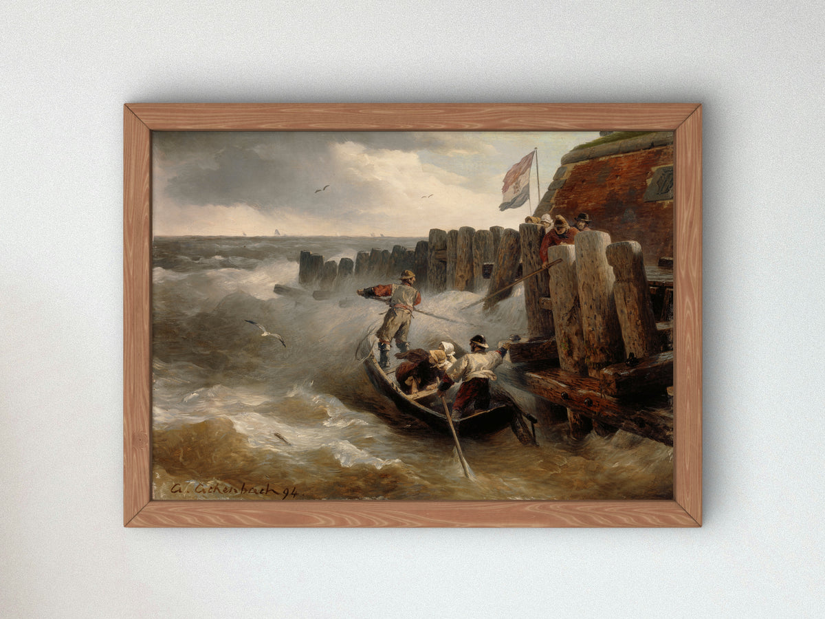 Beach by a Town with Old Tower and Rampart by Andreas Achenbach 1876, Wall Art Print, Fine Art Reproduction, Museum Quality Decor, Poster