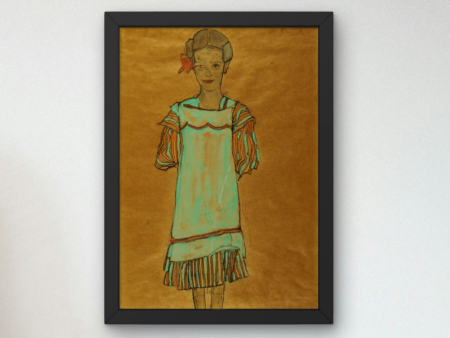 Standing Girl in Green Dress with Red Bow by Egon Schiele 1910, Wall Art Print, Fine Art Reproduction, Museum Quality Decor, Poster