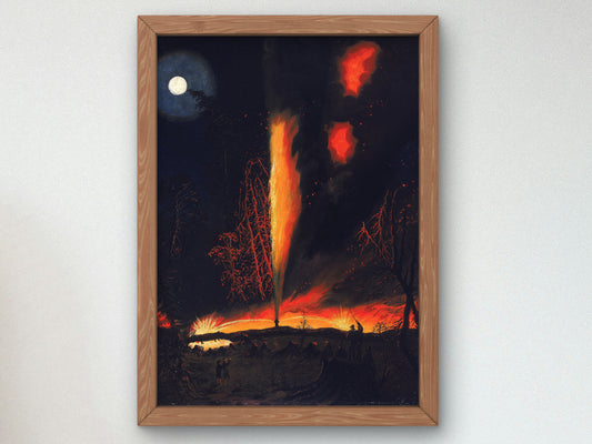 Burning Oil Well at Night, near Rouseville, Pennsylvania by James Hamilton 1861, Wall Art Print, Fine Art Reproduction, Museum Quality Decor