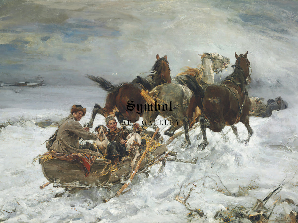 Horse Drawn Sleigh by Alfred Wierusz Kowalski, Wall Art Print, Fine Art Reproduction, Museum Quality Decor, Poster