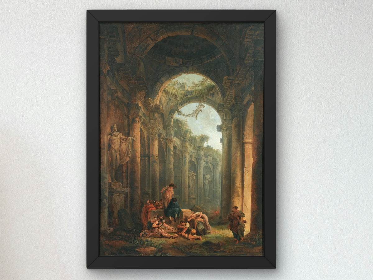 Classical Ruins with Soldiers Gambling by Hubert Robert, Wall Art Print, Fine Art Reproduction, Museum Quality Decor, Poster