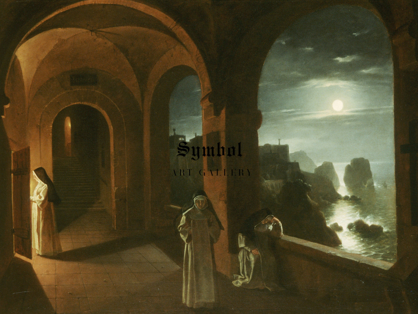 Nuns in the Certosa Cloister, Overlooking a Moonlit Sea towards the Faraglioni, Capri by Franz Ludwig Catel 1823, Wall Art Print