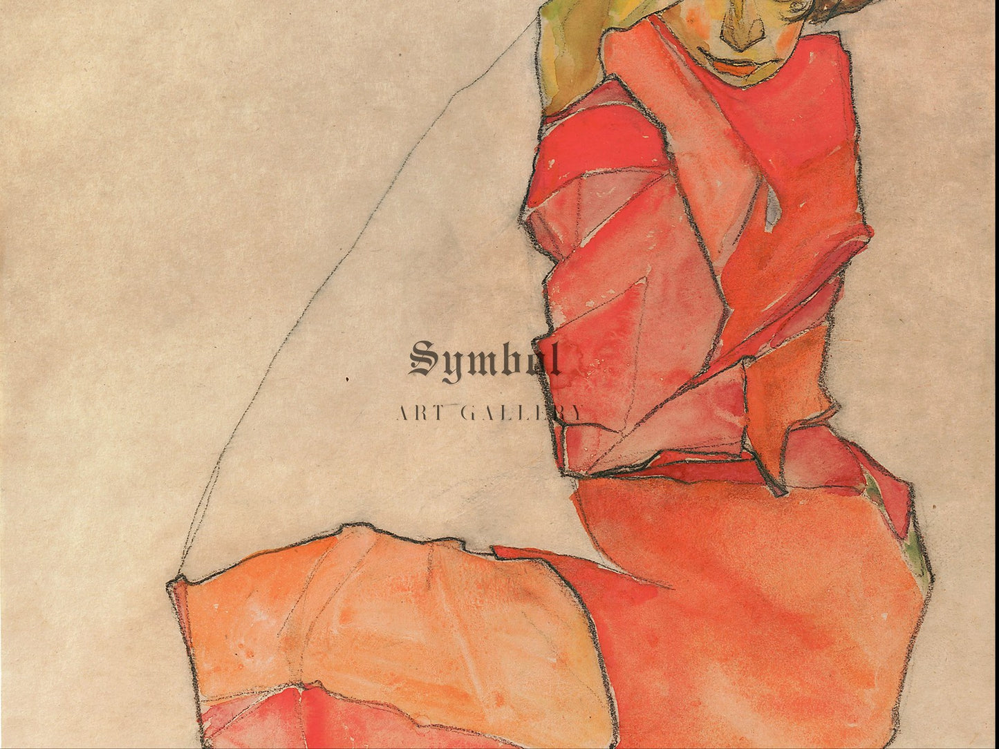 Kneeling Female in Orange Red Dress by Egon Schiele 1910, Wall Art Print, Fine Art Reproduction, Museum Quality Decor, Poster