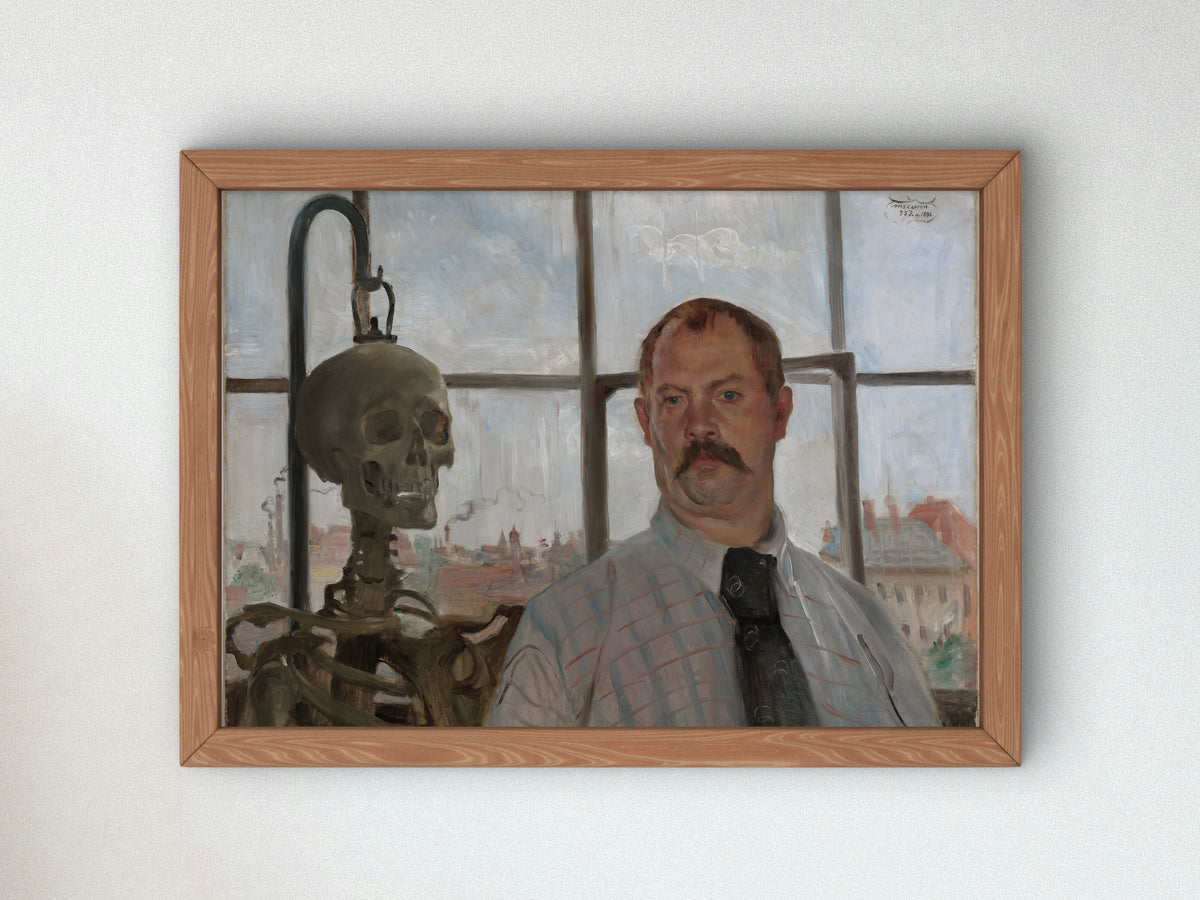 Self Portrait with Skeleton by Lovis Corinth 1896, Wall Art Print, Fine Art Reproduction, Museum Quality Decor, Poster