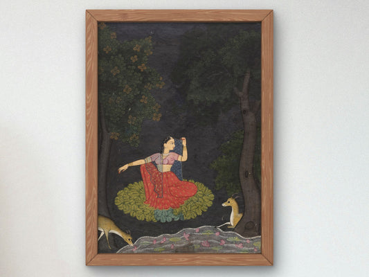 A Heroine Waiting for Her Paramour Vasakasajja Nayika from a Nurpur Rasikapriya by Unknown Indian artist 1750, Wall Art Print