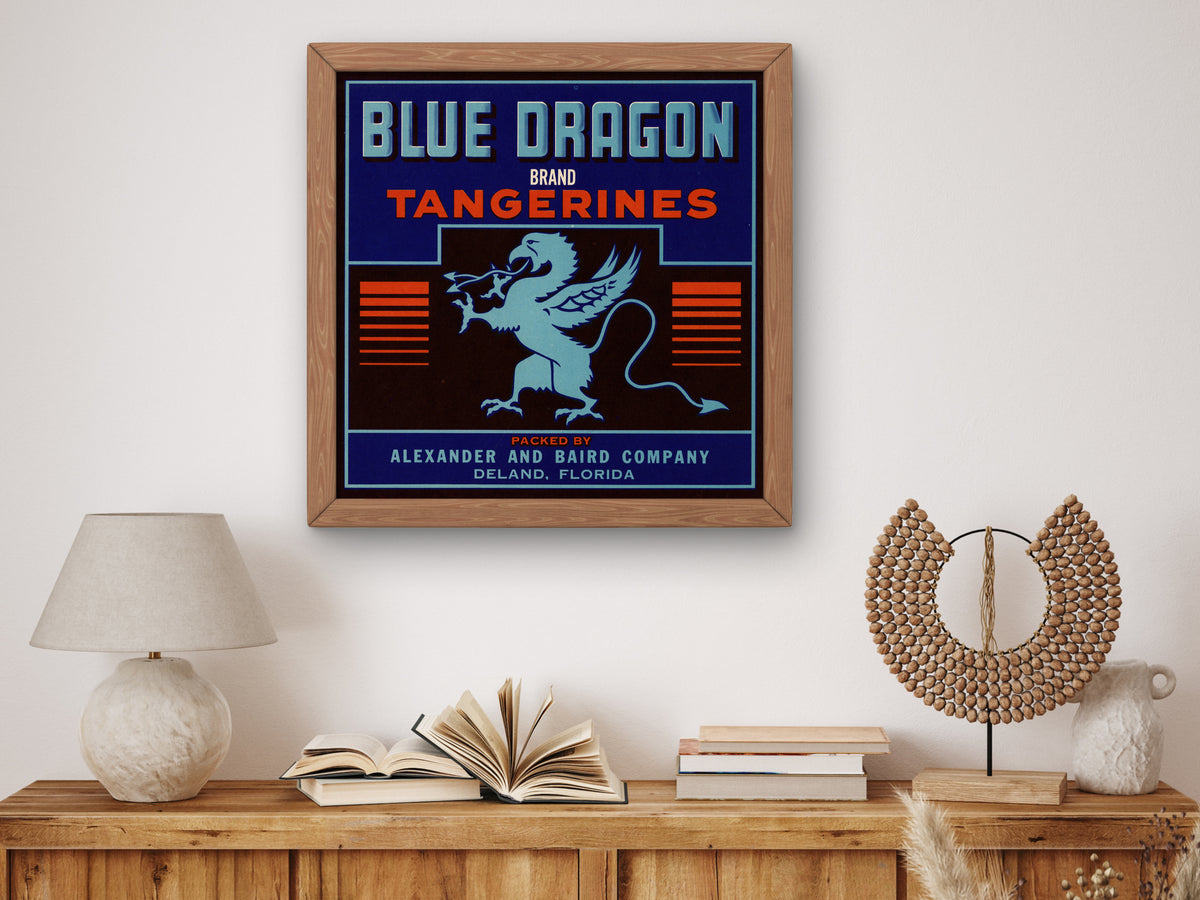 Blue Dragon Brand Tangerines Label by Unknown, Wall Art Print, Fine Art Reproduction, Museum Quality Decor, Poster