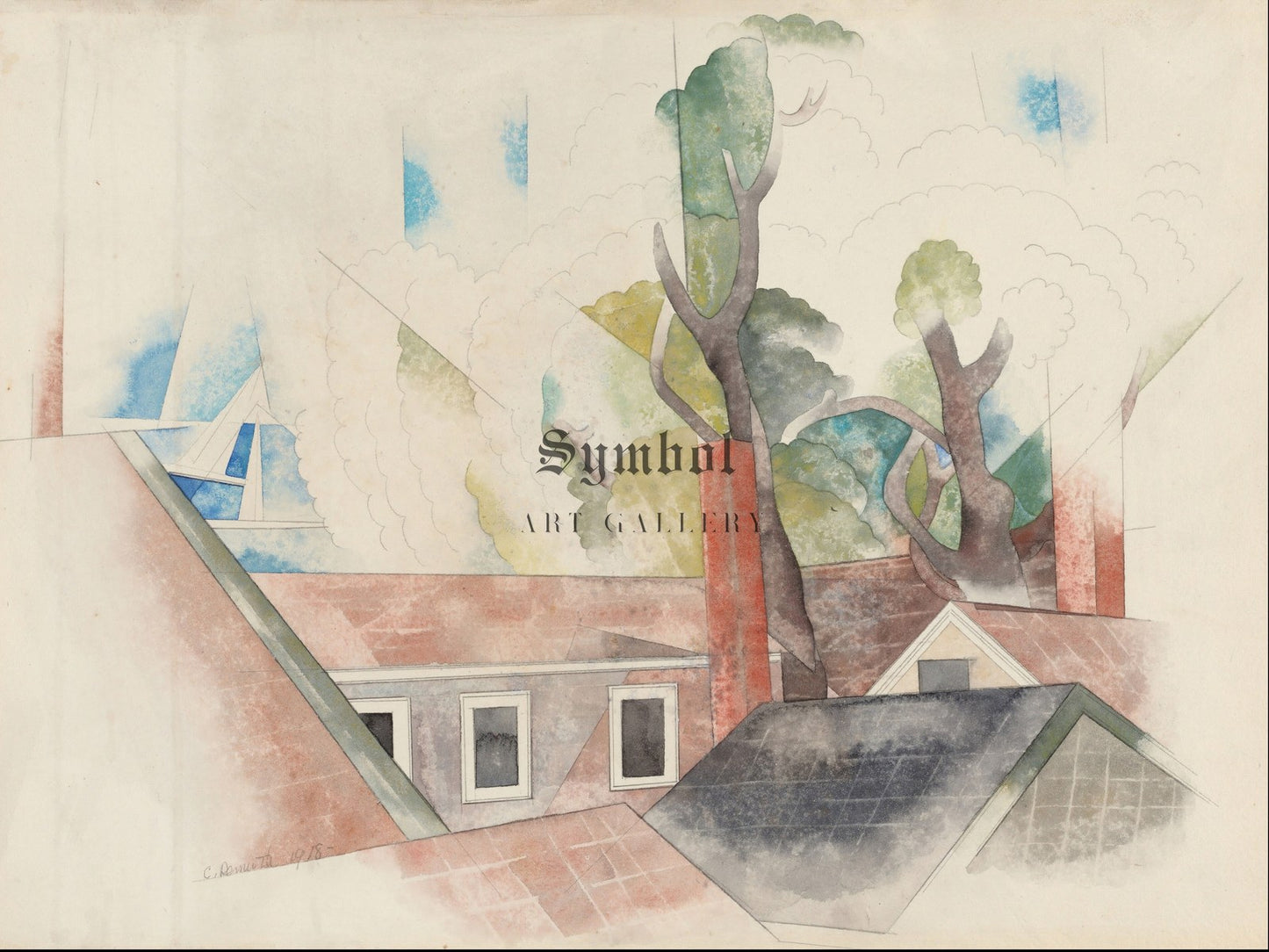 Rooftops and Trees by Charles Demuth 1918, Wall Art Print, Fine Art Reproduction, Museum Quality Decor, Poster
