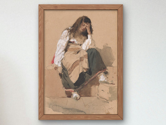 A Seated Peasant Girl in Contemplation by Eleuterio Pagliano 1871, Wall Art Print, Fine Art Reproduction, Museum Quality Decor, Poster