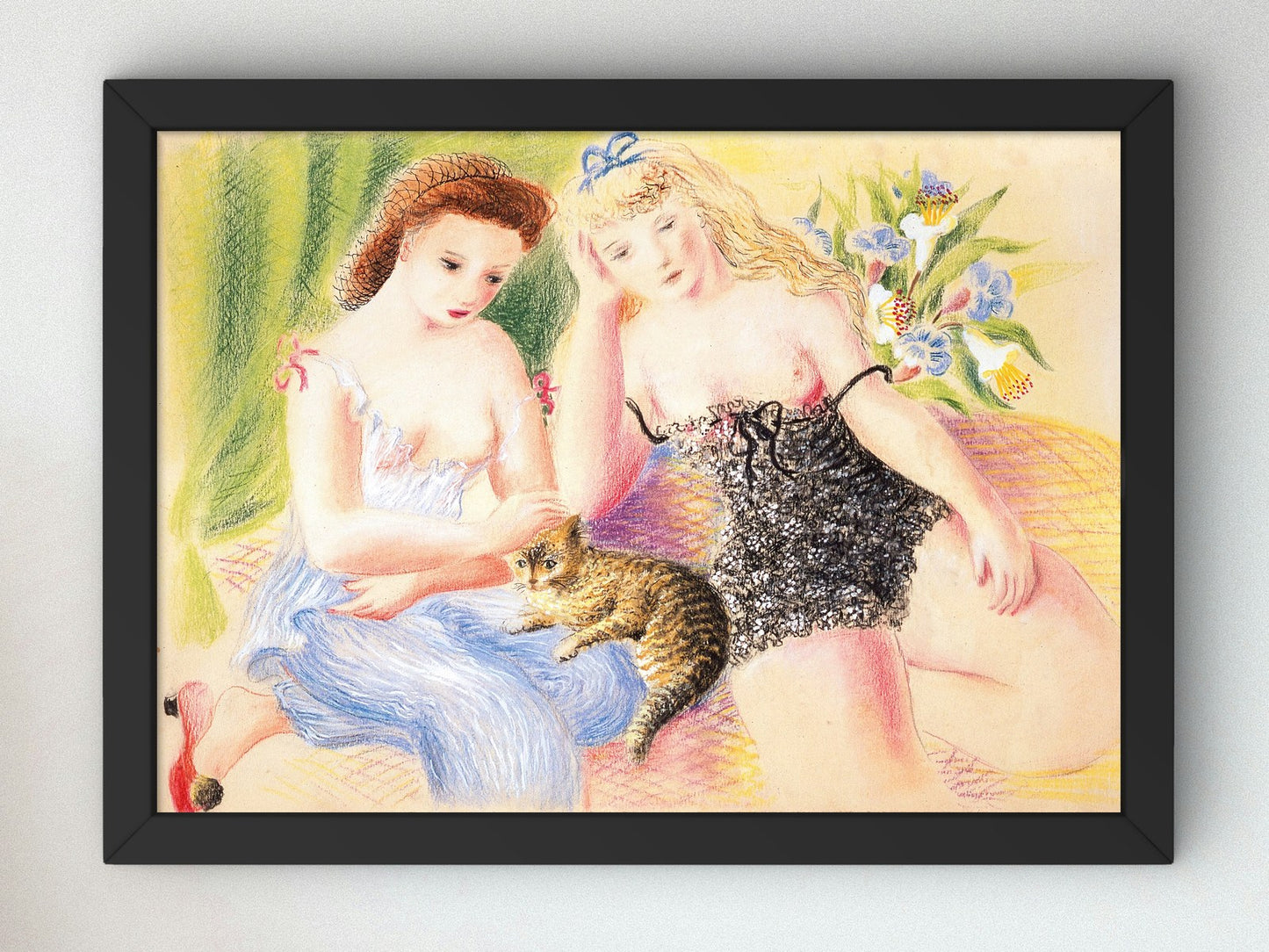 Two Women and a Cat by Ofelia Marques, Wall Art Print, Fine Art Reproduction, Museum Quality Decor, Poster