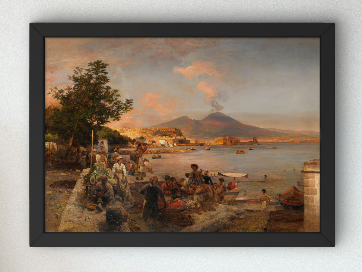 Market Scene near Naples with View of Vesuvius by Oswald Achenbach 1888, Wall Art Print, Fine Art Reproduction, Museum Quality Decor, Poster