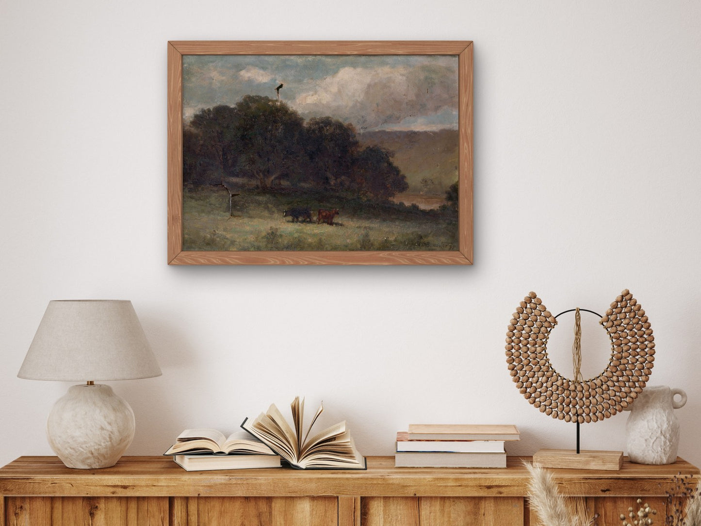 Landscape with Trees and Two Cows in Meadow by Edward Mitchell Bannister 1895, Wall Art Print, Fine Art Reproduction, Museum Quality Decor