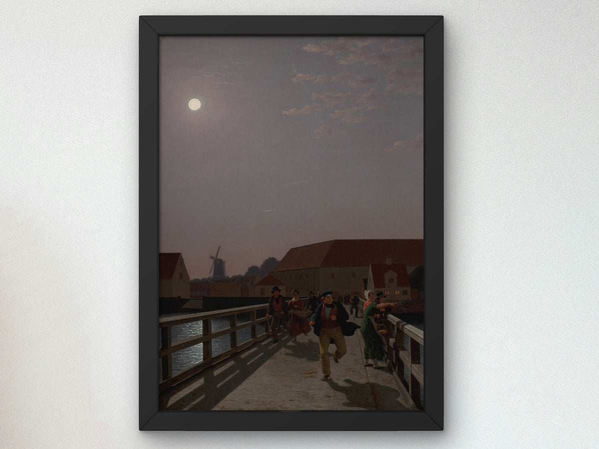 Langebro, Copenhagen, in the Moonlight with Running Figures by Christoffer Wilhelm Eckersberg 1836, Wall Art Print, Fine Art Reproduction