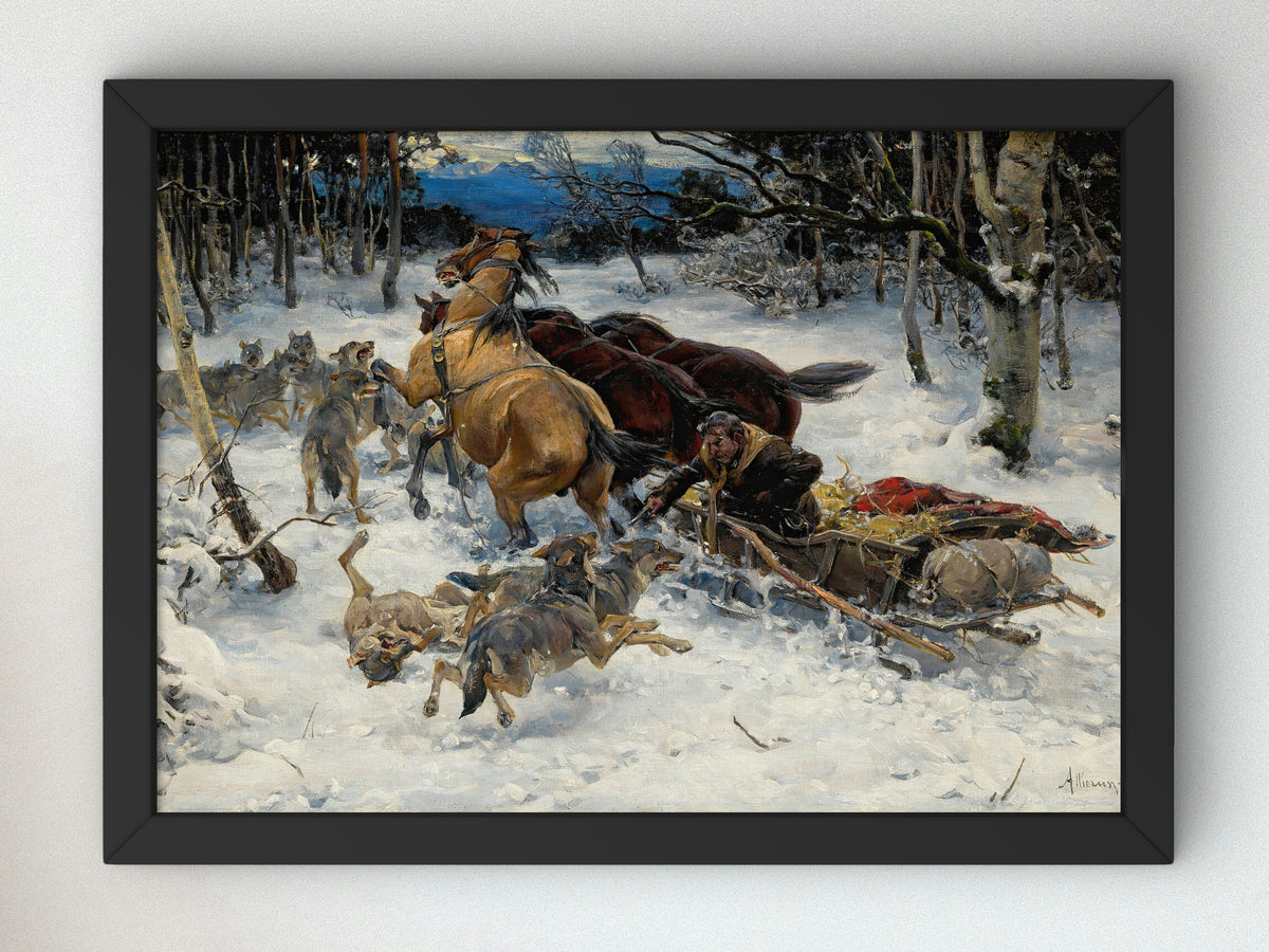 A Sledge Under Attack by Wolves by Alfred von Wierusz Kowalski, Wall Art Print, Fine Art Reproduction, Museum Quality Decor, Poster