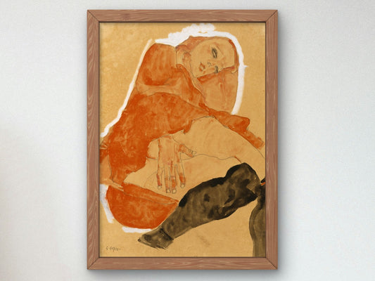 Girl in Red Robe and Black Stockings by Egon Schiele 1911, Wall Art Print, Fine Art Reproduction, Museum Quality Decor, Poster