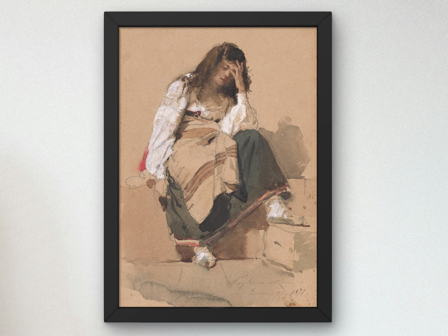 A Seated Peasant Girl in Contemplation by Eleuterio Pagliano 1871, Wall Art Print, Fine Art Reproduction, Museum Quality Decor, Poster