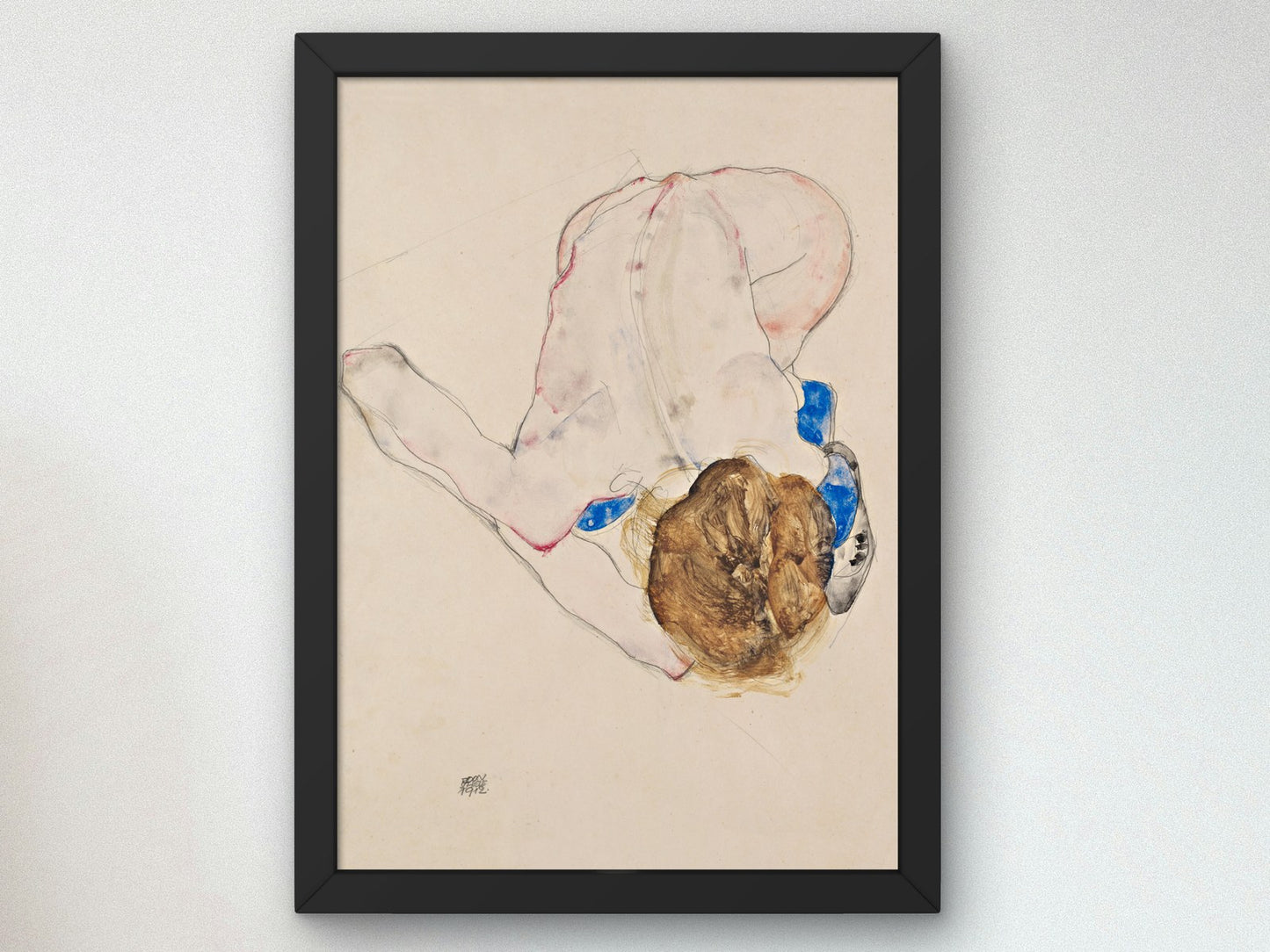 Nude with Blue Stockings Bending Forward by Egon Schiele 1912, Wall Art Print, Fine Art Reproduction, Museum Quality Decor, Poster