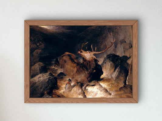 Deer and Deer Hounds in a Mountain Torrent by Edwin Landseer 1832, Wall Art Print, Fine Art Reproduction, Museum Quality Decor, Poster