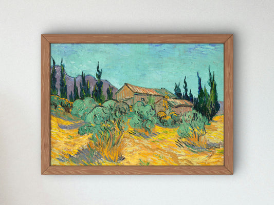 Cabanes de bois parmi les oliviers et cyprès by Vincent van Gogh 1889, Wall Art Print, Fine Art Reproduction, Museum Quality Decor, Poster