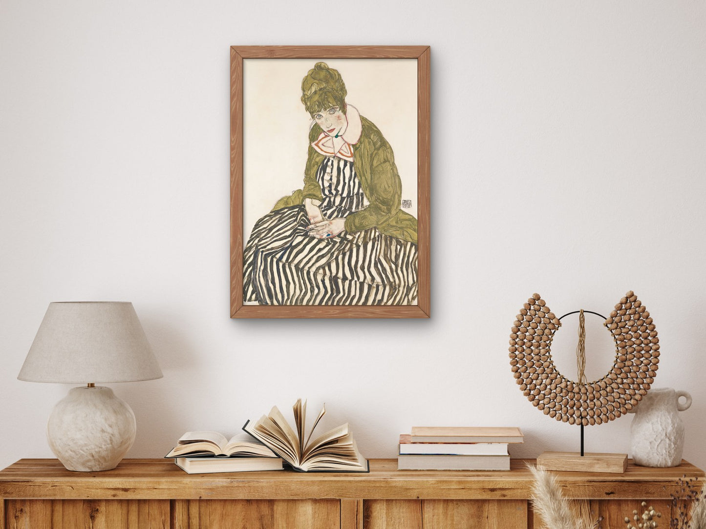 Edith with Striped Dress Sitting by Egon Schiele 1915, Wall Art Print, Fine Art Reproduction, Museum Quality Decor, Poster