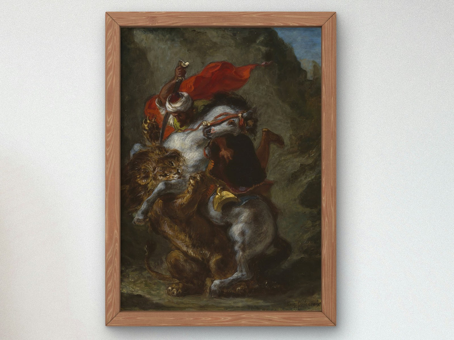 Arab Horseman Attacked by a Lion by Eugène Delacroix 1849, Wall Art Print, Fine Art Reproduction, Museum Quality Decor, Poster