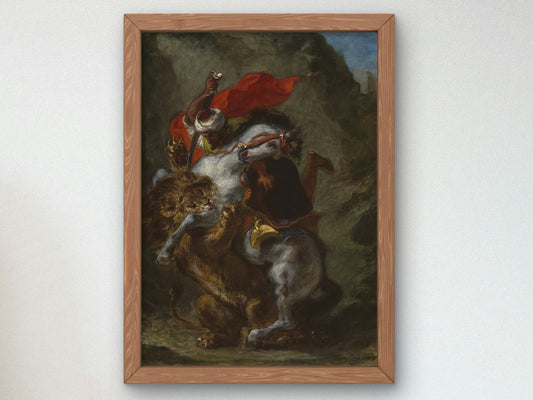 Arab Horseman Attacked by a Lion by Eugène Delacroix 1849, Wall Art Print, Fine Art Reproduction, Museum Quality Decor, Poster