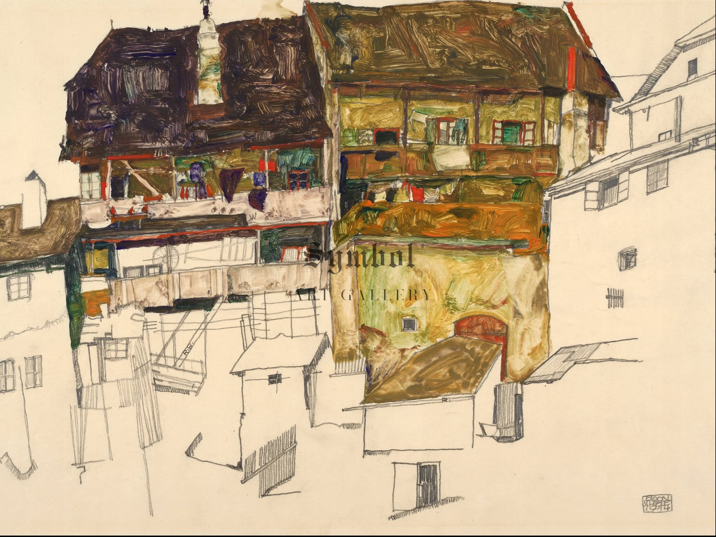 Old Houses in Krumau by Egon Schiele 1914, Wall Art Print, Fine Art Reproduction, Museum Quality Decor, Poster
