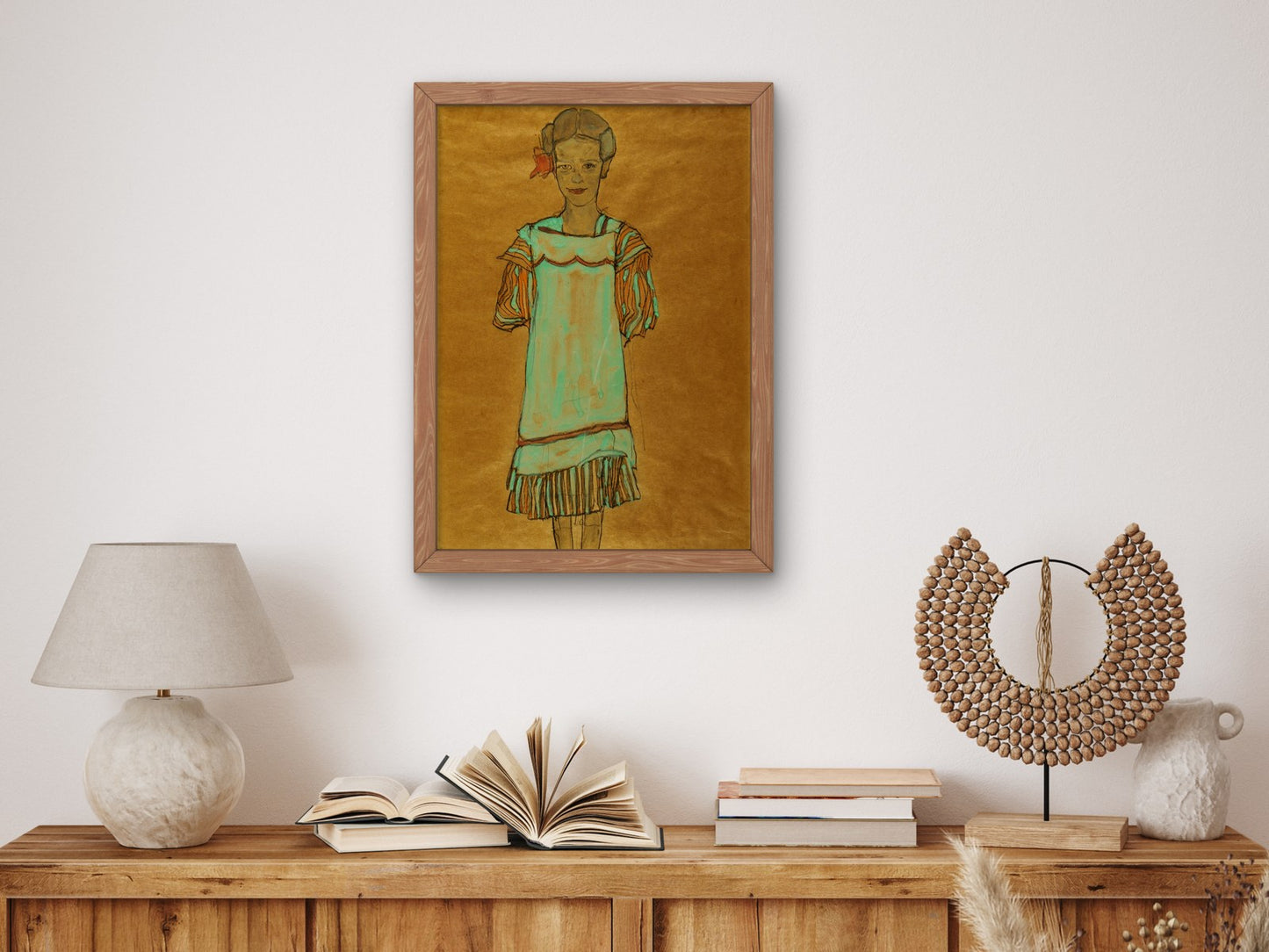 Standing Girl in Green Dress with Red Bow by Egon Schiele 1910, Wall Art Print, Fine Art Reproduction, Museum Quality Decor, Poster