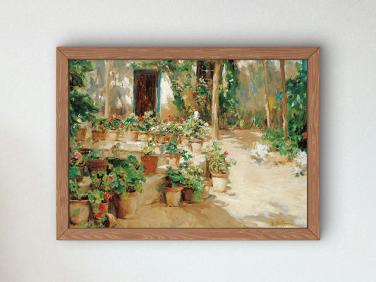 Courtyard with Potted Flowers by Eliseo Meifrén, Wall Art Print, Fine Art Reproduction, Museum Quality Decor, Poster
