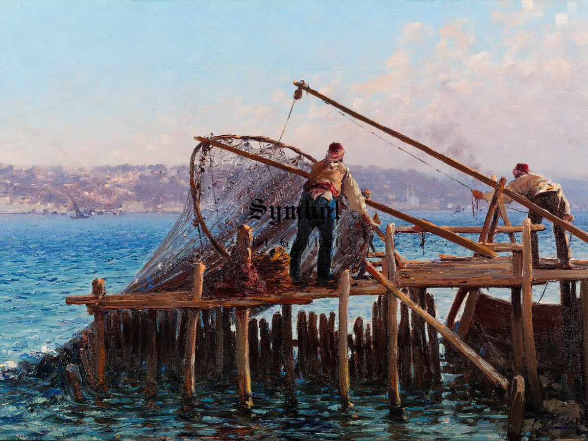 Fishermen Bringing in the Catch by Fausto Zonaro, Wall Art Print, Fine Art Reproduction, Museum Quality Decor, Poster