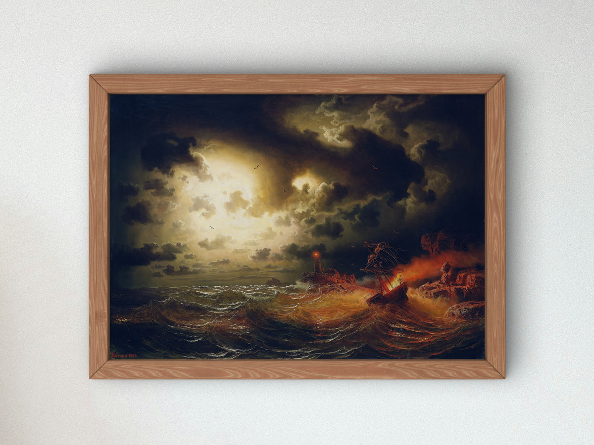 Burning Steamer by Marcus Larson 1858, Wall Art Print, Fine Art Reproduction, Museum Quality Decor, Poster