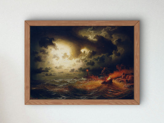 Burning Steamer by Marcus Larson 1858, Wall Art Print, Fine Art Reproduction, Museum Quality Decor, Poster