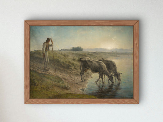 Peasant Watering His Cows on the Bank of the Allier River, Dusk by Jean François Millet 1868, Wall Art Print, Fine Art Reproduction