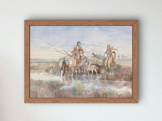 Indian Family with Travois by Charles Marion Russell 1897, Wall Art Print, Fine Art Reproduction, Museum Quality Decor, Poster