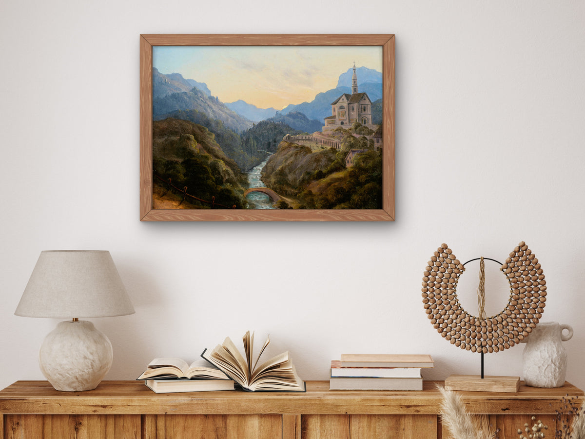 Mountainous Landscape with a River Valley and an Abbey at Evening Light by Carl Gustav Carus, Wall Art Print, Fine Art Reproduction