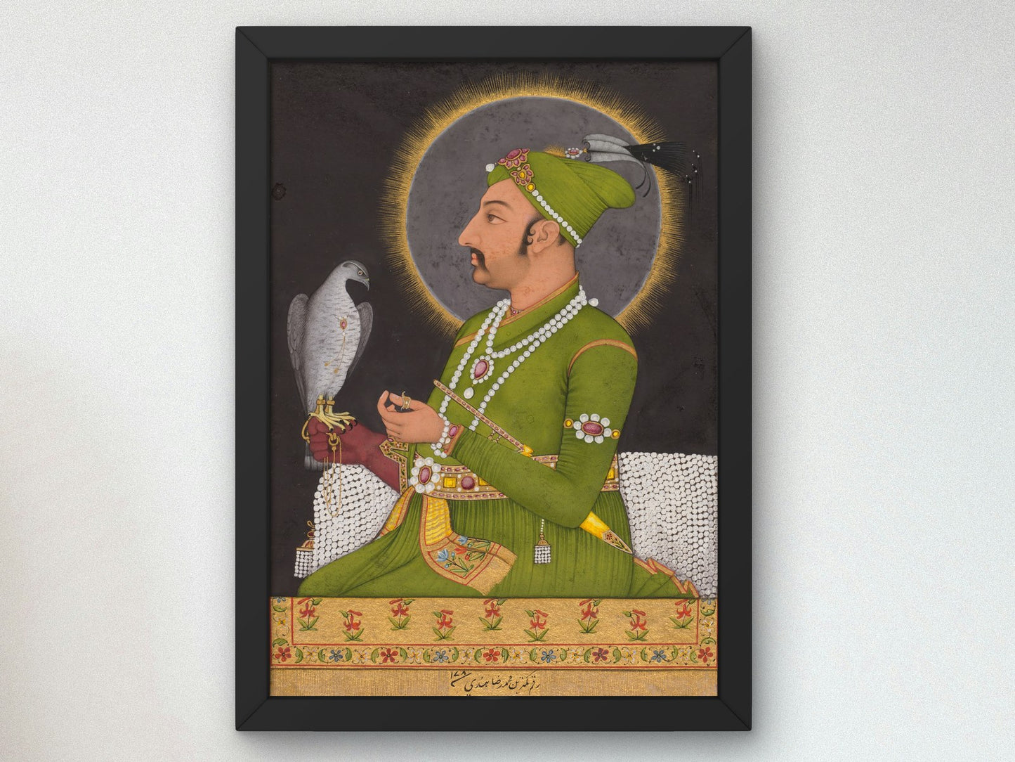 Posthumous portrait of the Mughal emperor Muhammad Shah holding a falcon by Muhammad Rizavi Hindi, Wall Art Print, Fine Art Reproduction