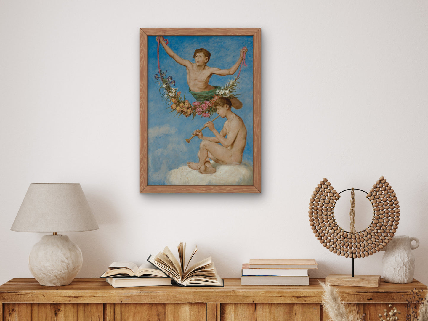 May, Two Youthful Genii with Flowers by Hans Thoma 1906, Wall Art Print, Fine Art Reproduction, Museum Quality Decor, Poster