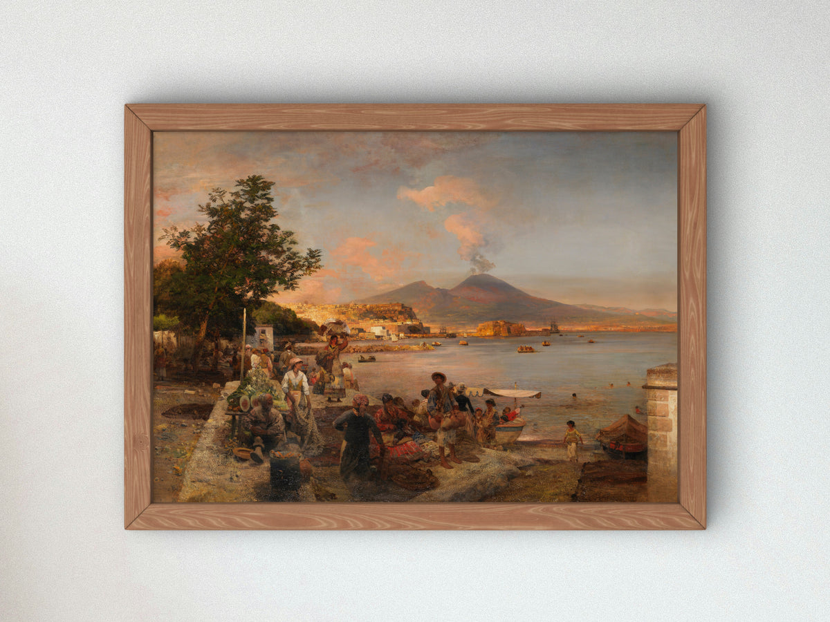 Market Scene near Naples with View of Vesuvius by Oswald Achenbach 1888, Wall Art Print, Fine Art Reproduction, Museum Quality Decor, Poster