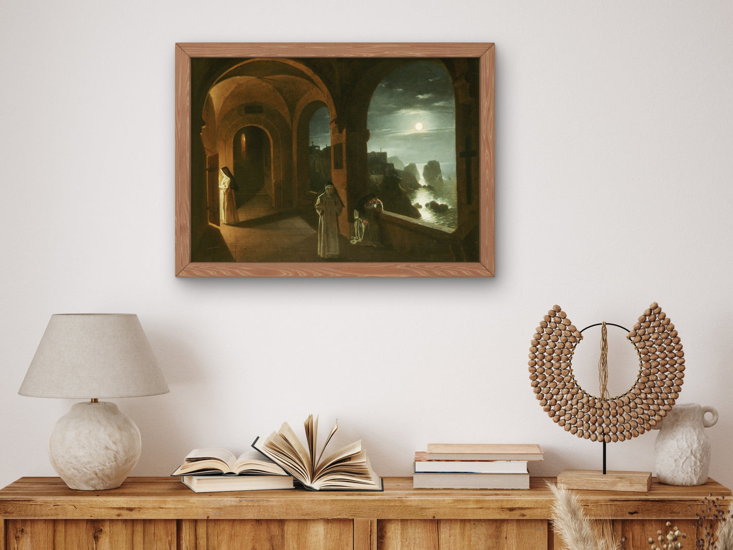 Nuns in the Certosa Cloister, Overlooking a Moonlit Sea towards the Faraglioni, Capri by Franz Ludwig Catel 1823, Wall Art Print