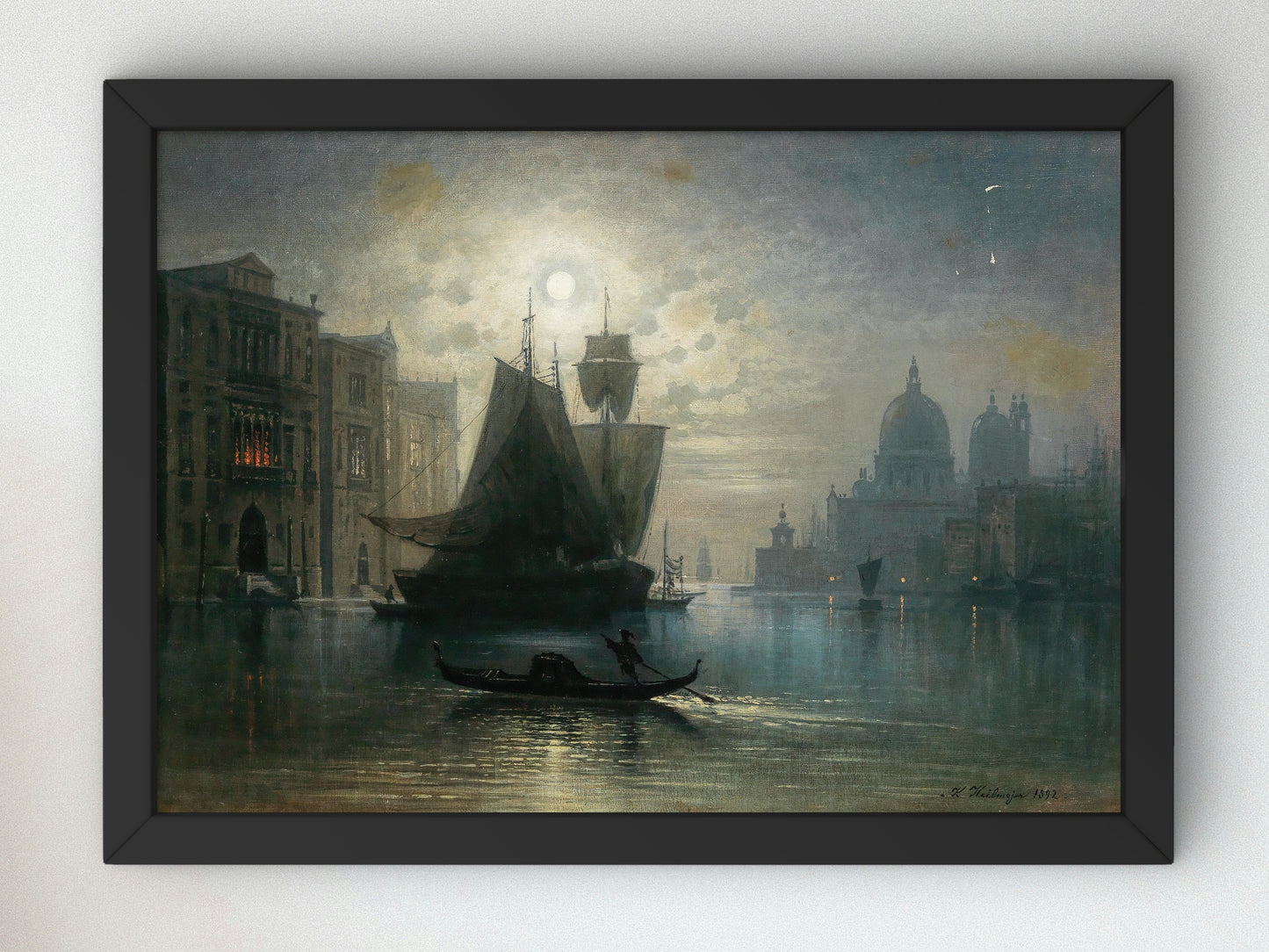 Venice the Grand Canal in the Moonlight by Karl Heilmayer 1892, Wall Art Print, Fine Art Reproduction, Museum Quality Decor, Poster