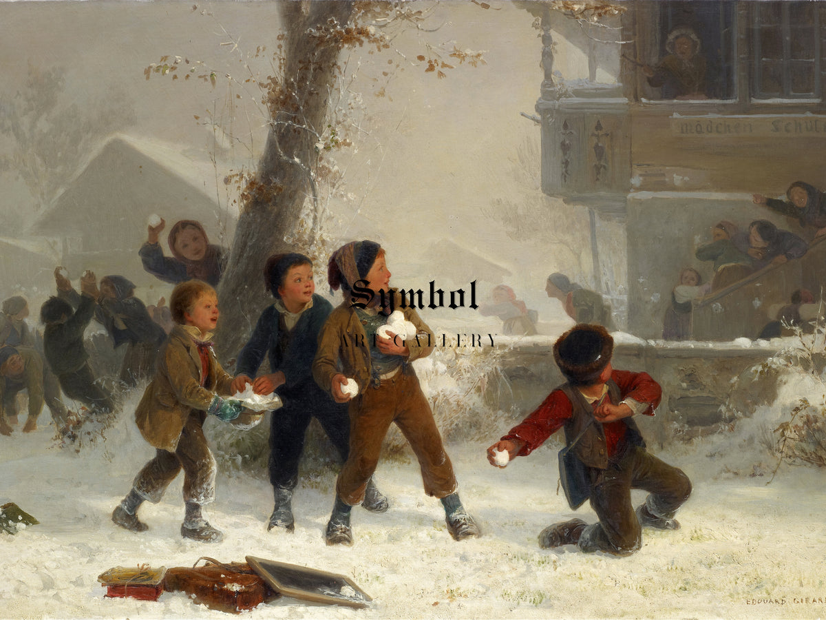 Snowball Fight by Edouard Girardet 1874, Wall Art Print, Fine Art Reproduction, Museum Quality Decor, Poster