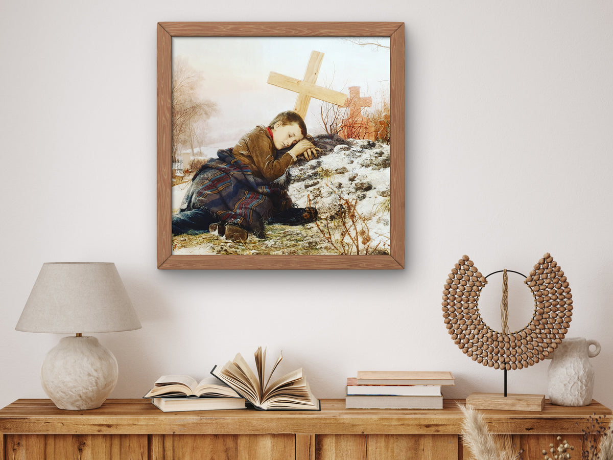 An Orphan on His Mother's Grave by Uroš Predić 1888, Wall Art Print, Fine Art Reproduction, Museum Quality Decor, Poster