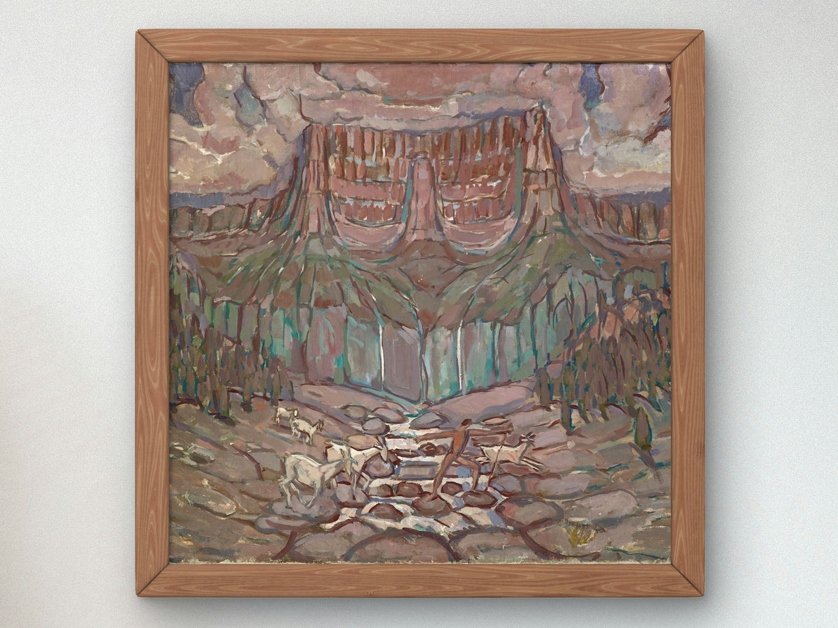 Shepherd and Flock Crossing a River in the Mountains by Carl Burckhardt 1914, Wall Art Print, Fine Art Reproduction, Museum Quality Decor